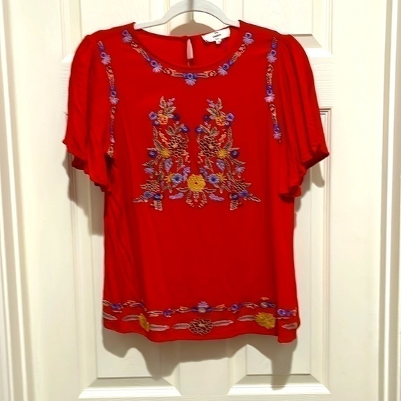 Entro Anthropology Size S Red Colorful Floral Embroidered Boho Flutter Slv Top - Picture 1 of 7